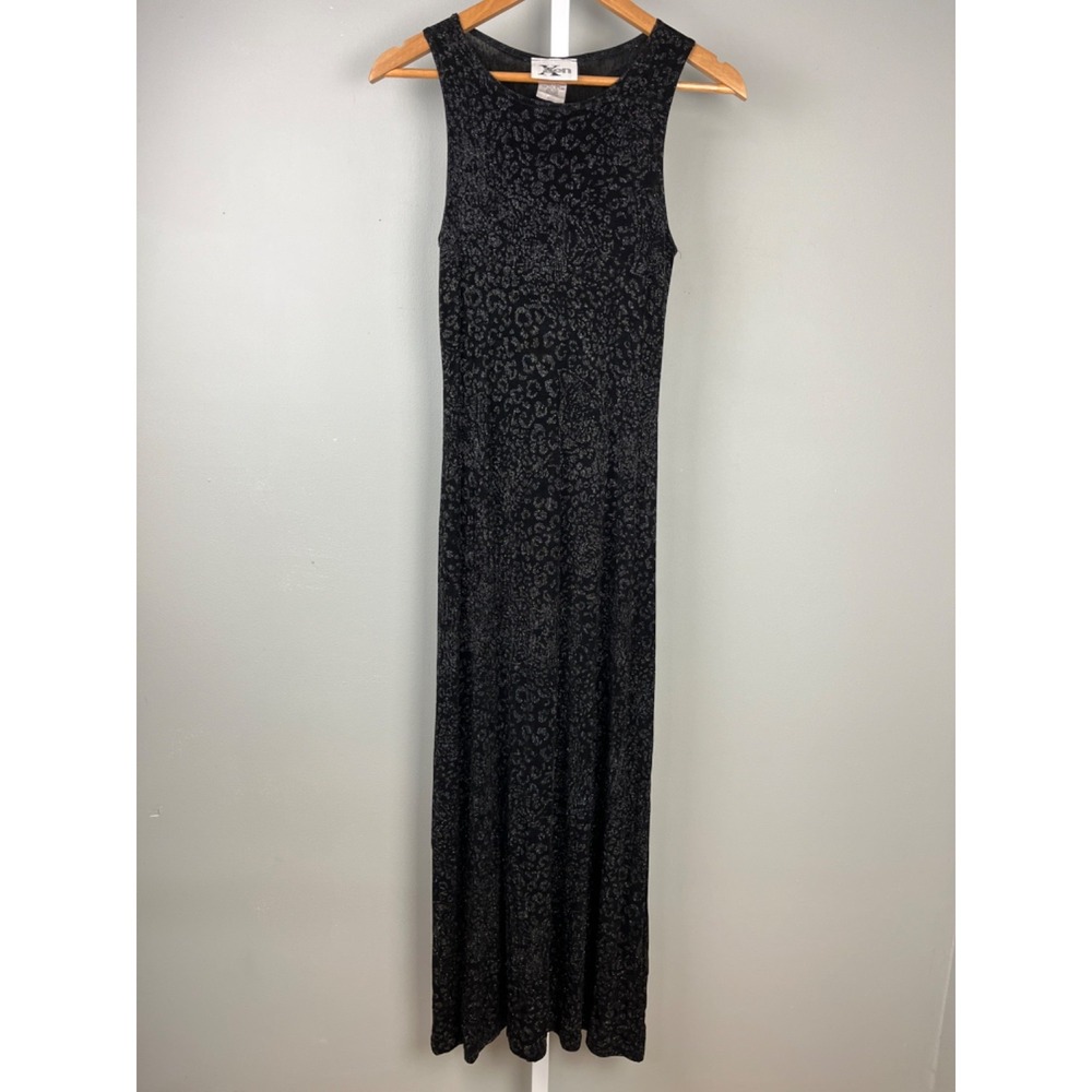 Vintage Gen X‎ 90s Maxi Dress Womens M Black Leopard Print Glitter Slinky USA - Picture 2 of 5